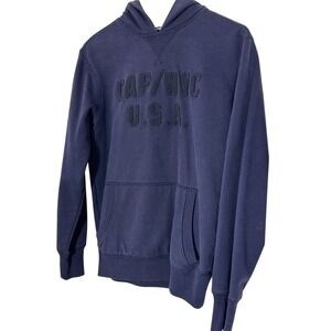 VINTAGE Y2K Gap Hoodie S Blue Fleece Stitched Spellout Grunge Skater Fitted NYC